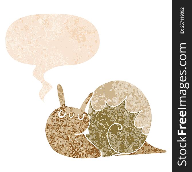 cute cartoon snail with speech bubble in grunge distressed retro textured style. cute cartoon snail with speech bubble in grunge distressed retro textured style