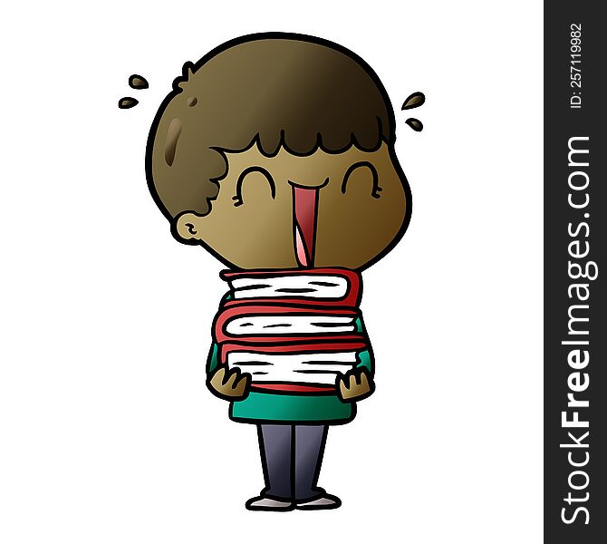 laughing cartoon man holding stack of books. laughing cartoon man holding stack of books