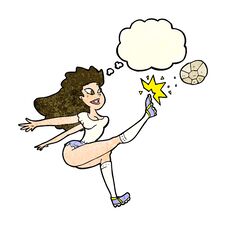 Cartoon Female Soccer Player Kicking Ball With Thought Bubble Royalty Free Stock Image