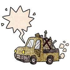 Cartoon Old Truck Full Of Junk And Speech Bubble In Retro Texture Style Stock Photography