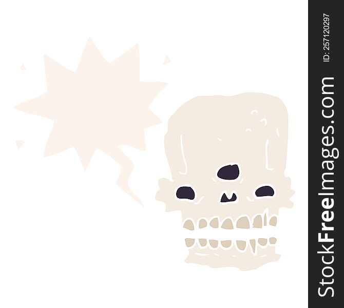 cartoon spooky skull with speech bubble in retro style