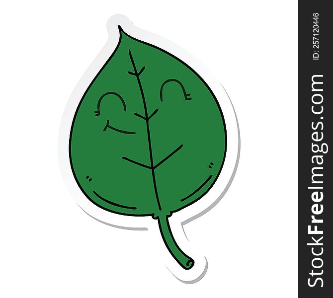 sticker of a quirky hand drawn cartoon happy leaf