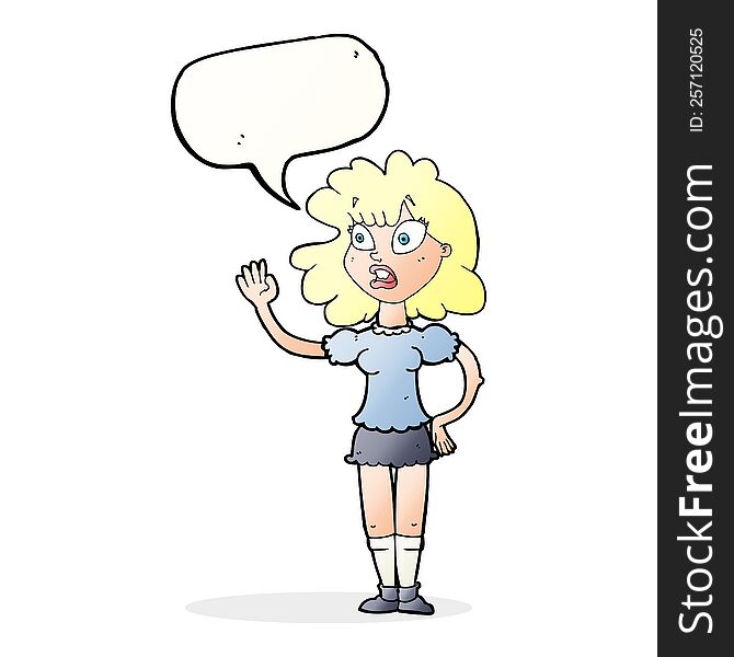 Cartoon Worried Woman Waving With Speech Bubble