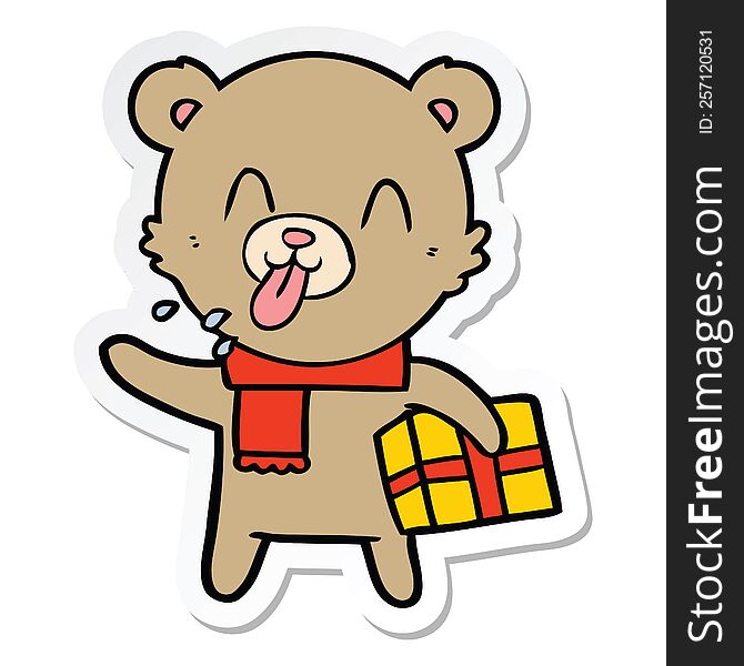 sticker of a rude cartoon bear with present