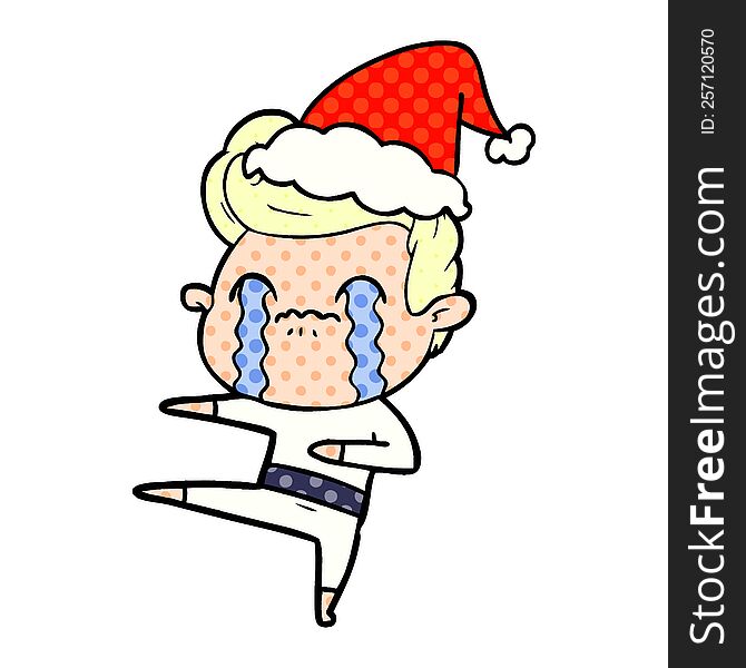 hand drawn comic book style illustration of a man crying wearing santa hat
