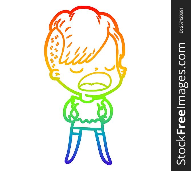 Rainbow Gradient Line Drawing Cartoon Cool Hipster Girl Talking