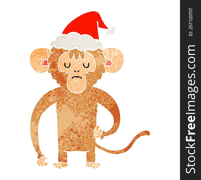 Retro Cartoon Of A Monkey Scratching Wearing Santa Hat