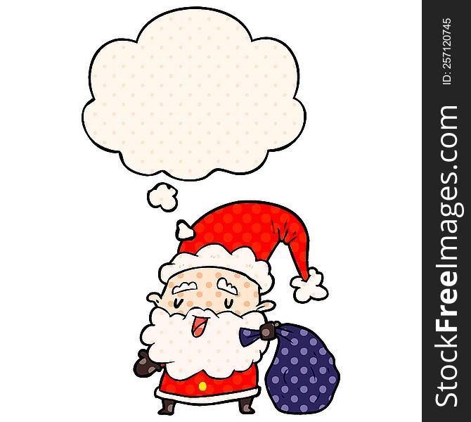 Cartoon Santa Claus With Sack And Thought Bubble In Comic Book Style