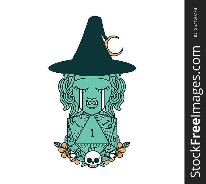 Sad Half Orc Witch Character With Natural One D20 Roll Icon