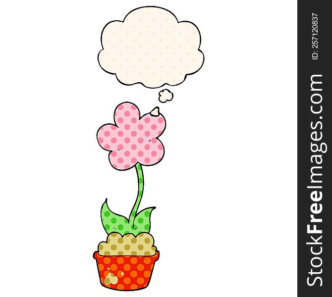 Cute Cartoon Flower And Thought Bubble In Comic Book Style