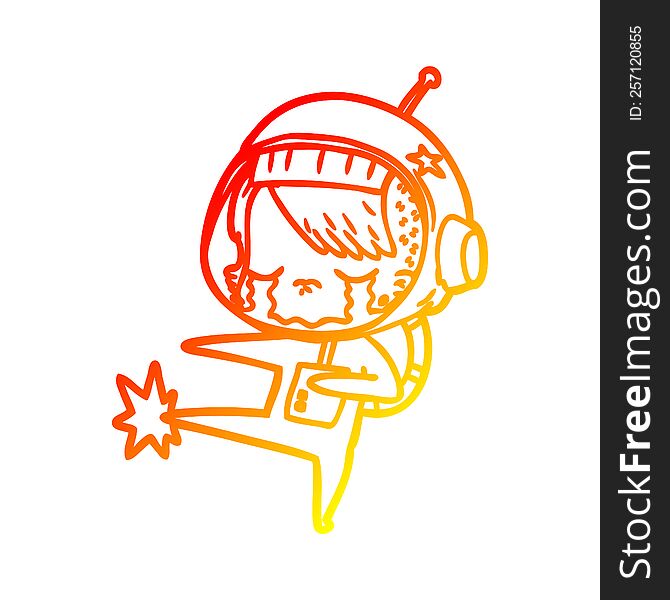 Warm Gradient Line Drawing Cartoon Crying Astronaut Girl Kicking