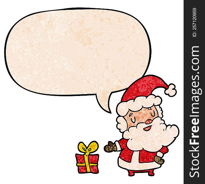 Cartoon Santa Claus And Present And Speech Bubble In Retro Texture Style