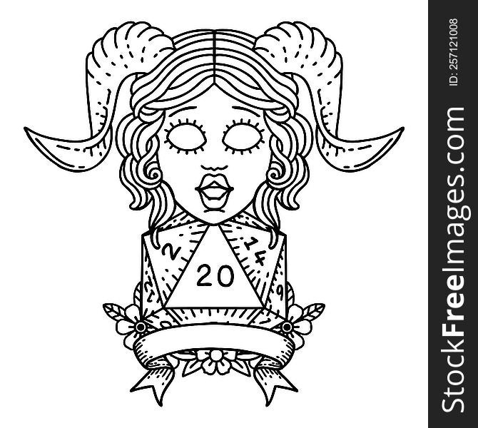 Black and White Tattoo linework Style tiefling with natural 20 D20 roll. Black and White Tattoo linework Style tiefling with natural 20 D20 roll