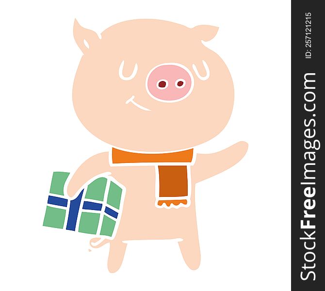Happy Flat Color Style Cartoon Pig With Christmas Present