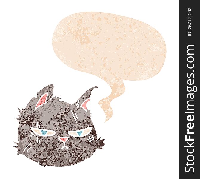 Cartoon Tough Cat Face And Speech Bubble In Retro Textured Style