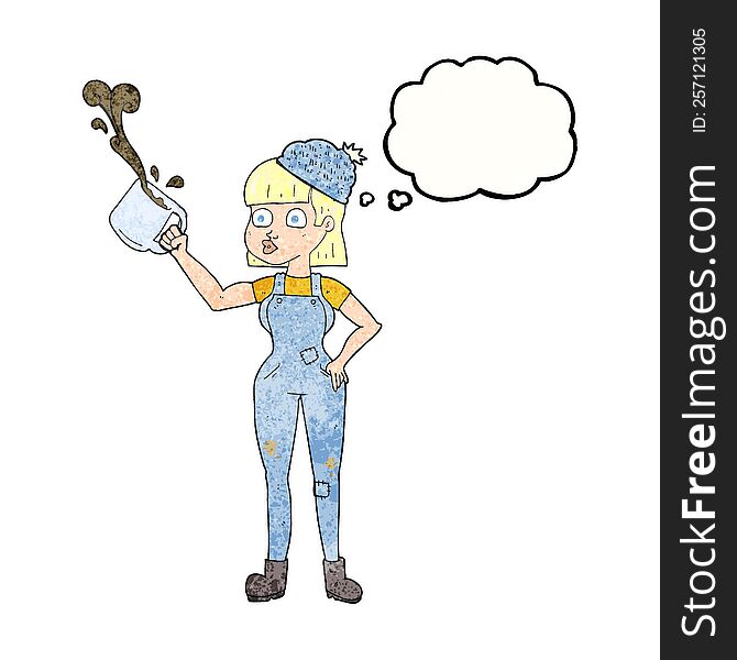 freehand drawn thought bubble textured cartoon female worker with coffee mug