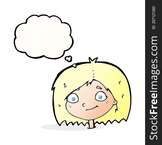 cartoon happy female face with thought bubble