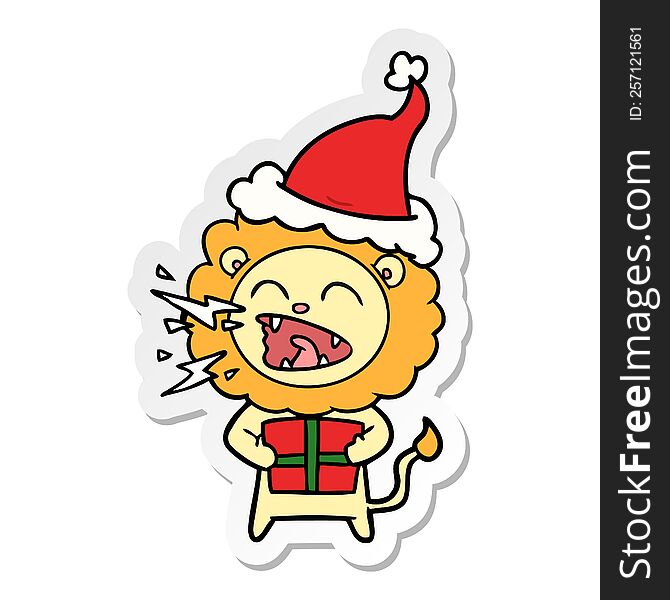 hand drawn sticker cartoon of a roaring lion with gift wearing santa hat