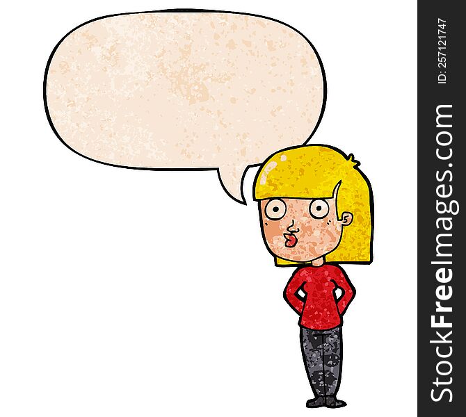 cartoon woman staring with speech bubble in retro texture style