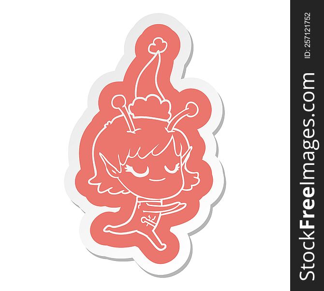 Smiling Alien Girl Cartoon  Sticker Of A Running Wearing Santa Hat