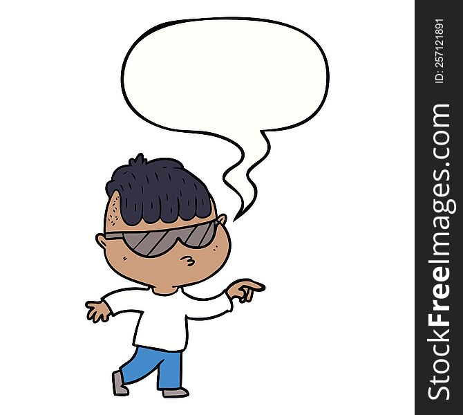 cartoon boy wearing sunglasses pointing with speech bubble