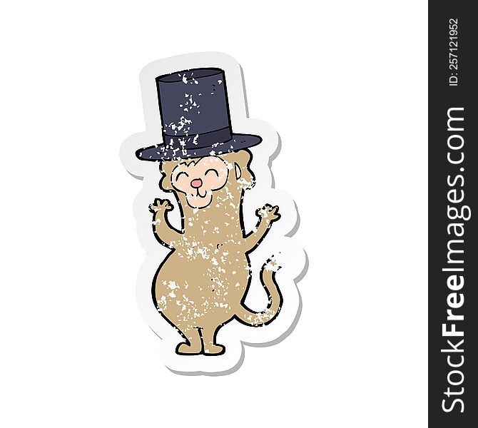 Retro Distressed Sticker Of A Cartoon Monkey Wearing Top Hat