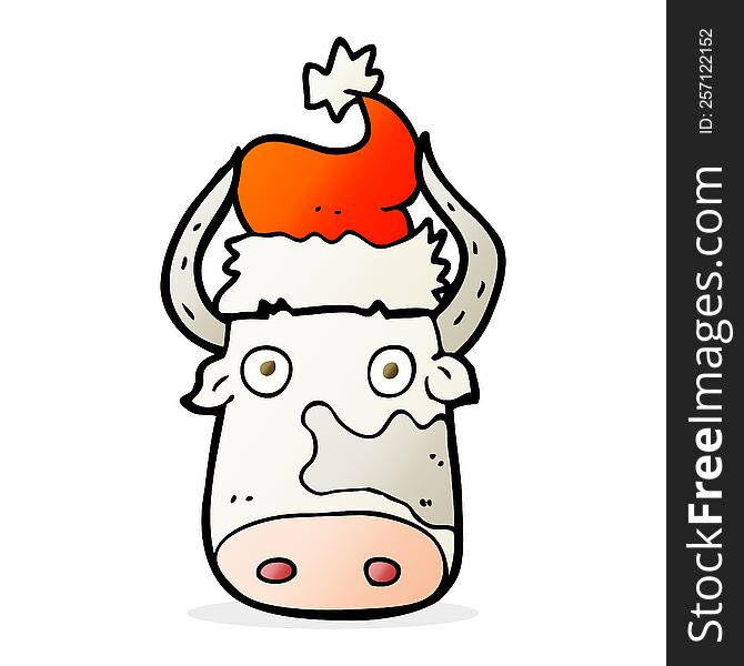freehand drawn cartoon cow wearing christmas hat