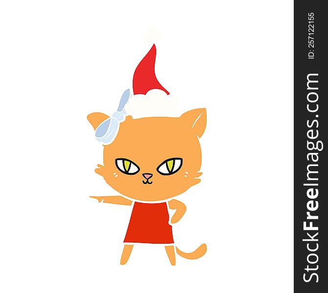 cute hand drawn flat color illustration of a cat wearing dress wearing santa hat