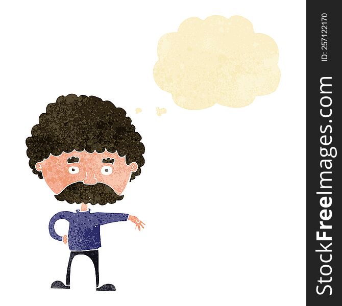 cartoon man with mustache making camp gesture with thought bubble