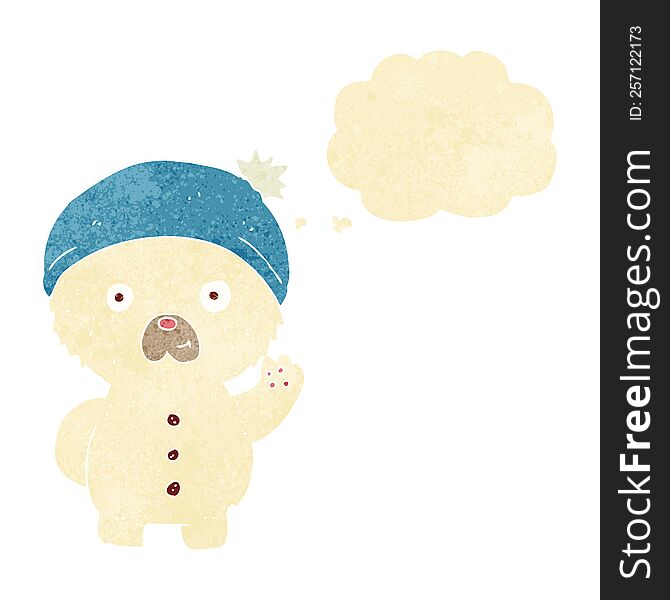 Cartoon Waving Polar Teddy Bear In Winter Hat With Thought Bubble