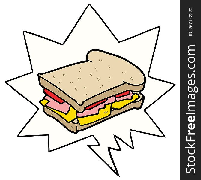 cartoon ham cheese tomato sandwich with speech bubble