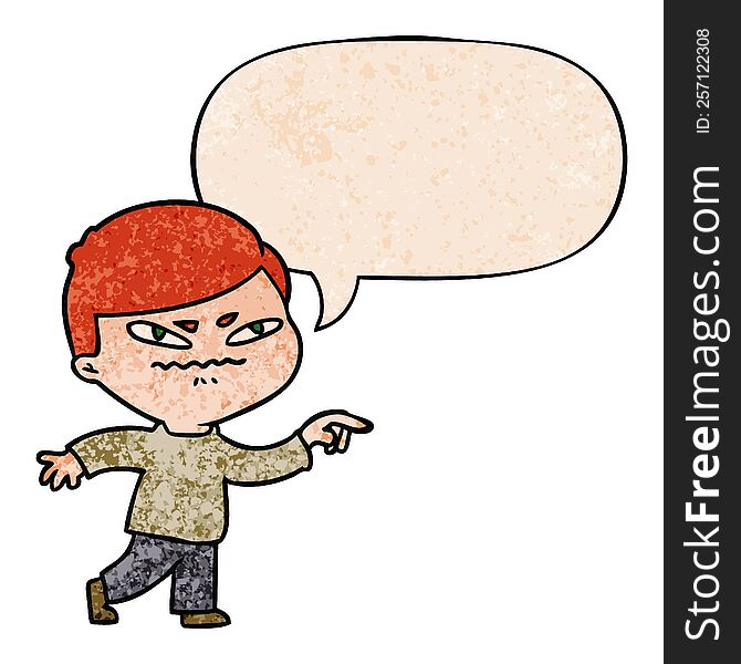 cartoon angry man pointing with speech bubble in retro texture style
