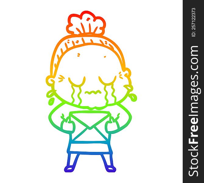 Rainbow Gradient Line Drawing Cartoon Old Woman Crying With Letter