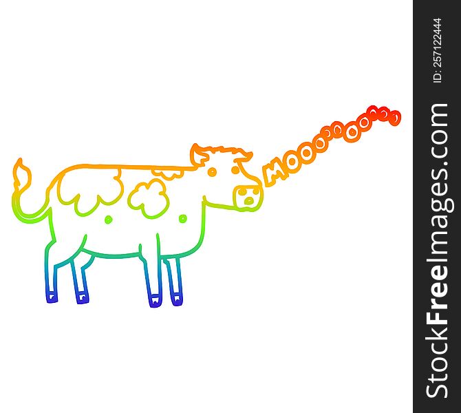 rainbow gradient line drawing of a cartoon cow