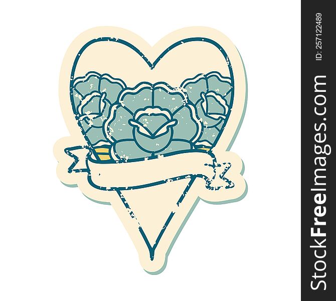iconic distressed sticker tattoo style image of a heart and banner with flowers. iconic distressed sticker tattoo style image of a heart and banner with flowers