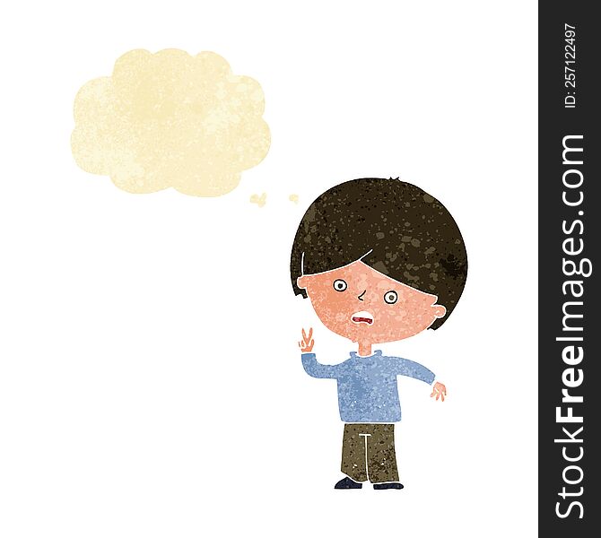 cartoon unhappy boy giving peace sign with thought bubble
