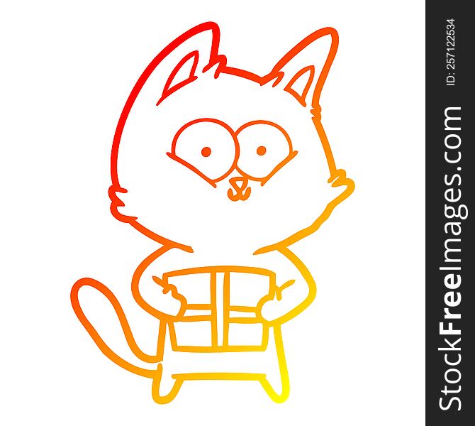 warm gradient line drawing of a cartoon cat holding christmas present