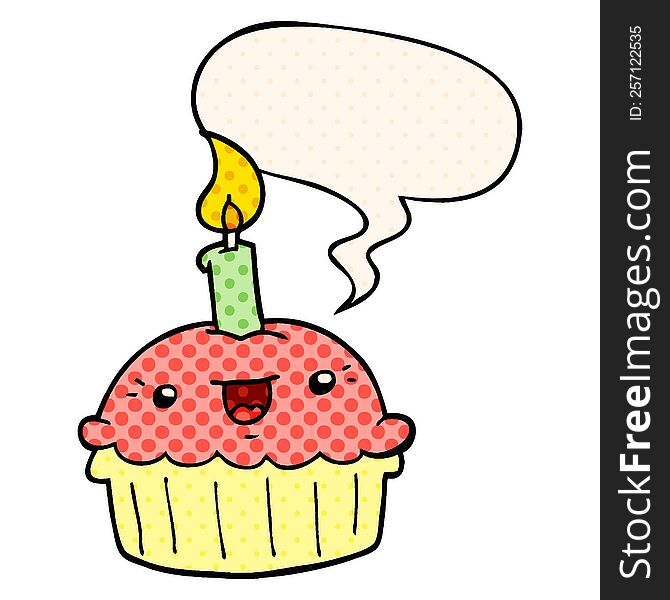 cartoon cupcake and candle and speech bubble in comic book style