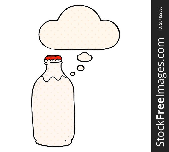 cartoon milk bottle with thought bubble in comic book style