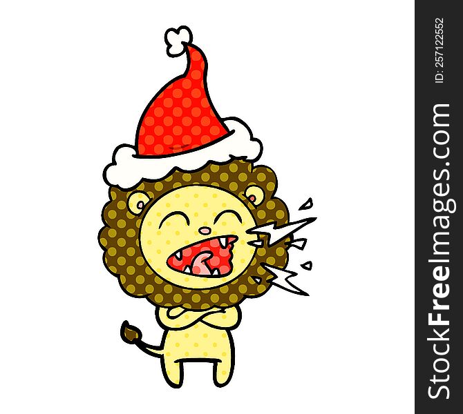 hand drawn comic book style illustration of a roaring lion wearing santa hat