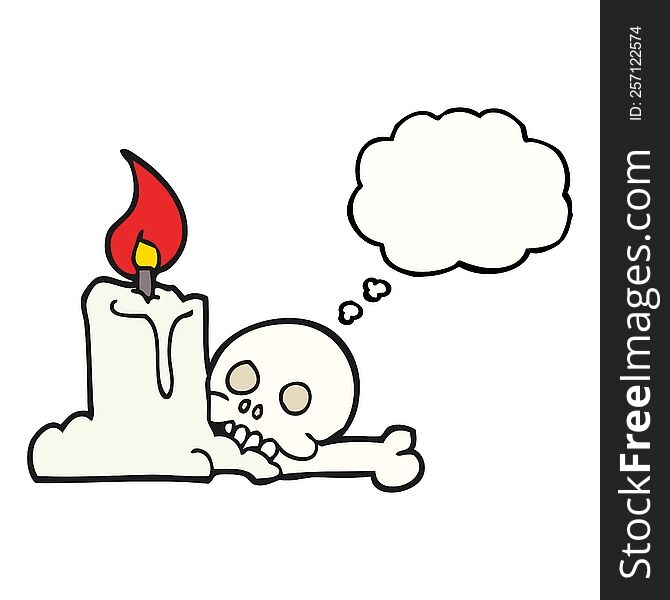 freehand drawn thought bubble cartoon spooky skull and candle