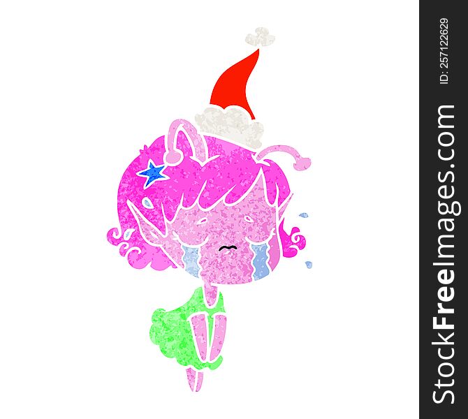 Retro Cartoon Of A Crying Alien Girl Wearing Santa Hat