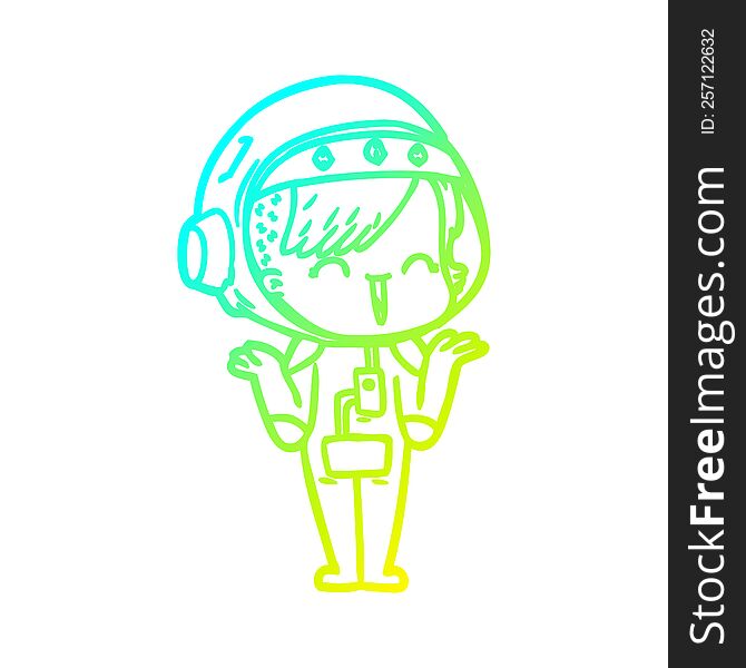 cold gradient line drawing of a happy cartoon space girl shrugging shoulders