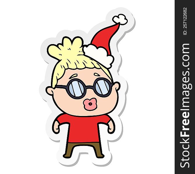 Sticker Cartoon Of A Woman Wearing Spectacles Wearing Santa Hat