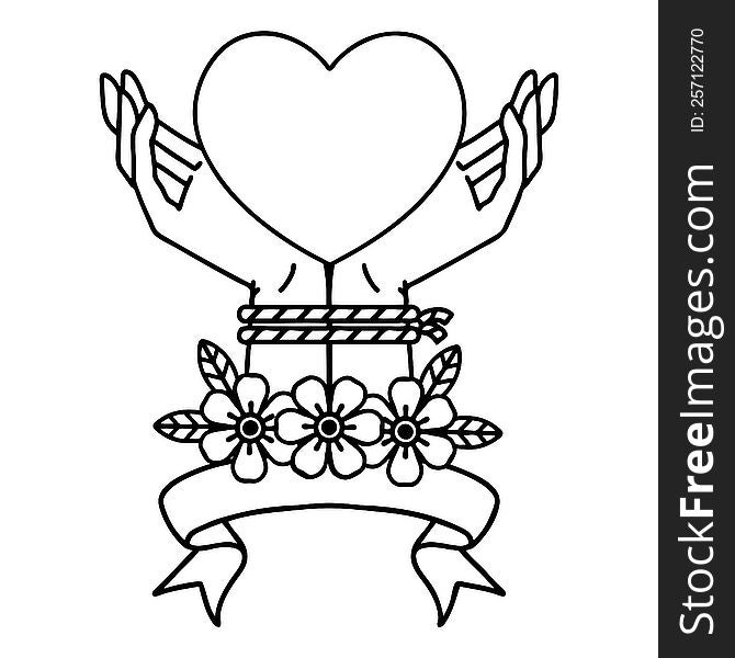 black linework tattoo with banner of tied hands and a heart