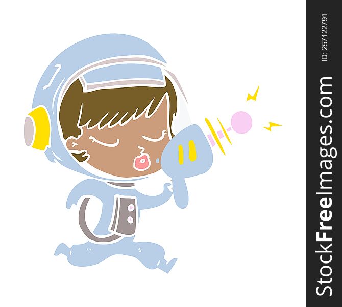 flat color style cartoon pretty astronaut girl with ray gun