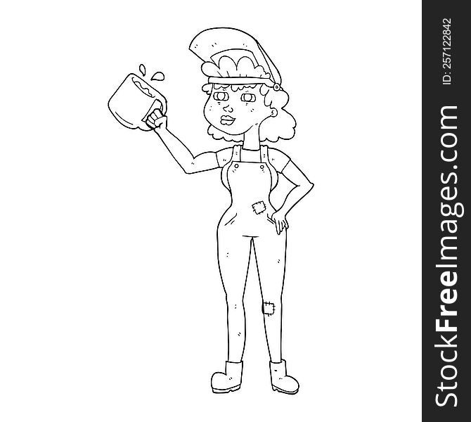 freehand drawn black and white cartoon woman in dungarees