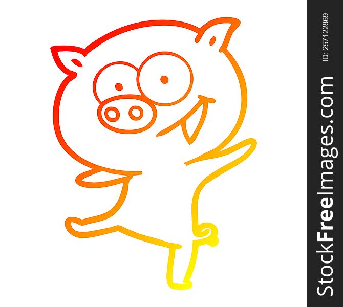warm gradient line drawing of a cheerful dancing pig cartoon
