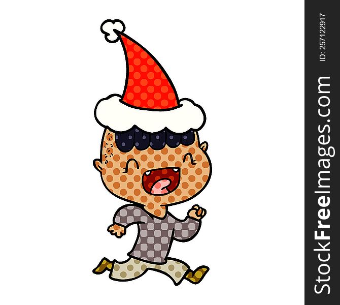 comic book style illustration of a happy boy laughing and running away wearing santa hat