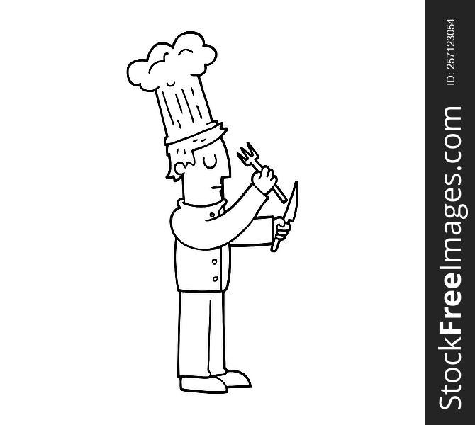 Line Drawing Cartoon Chef With Knife And Fork